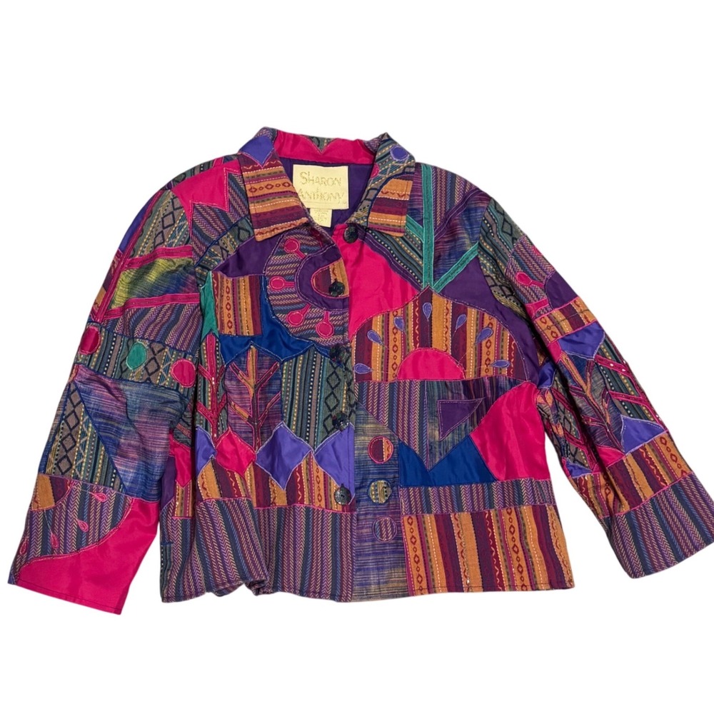 Sharon Anthony Patchwork Jacket Women 2X Multicolor Excellent Art to Wear 90s
